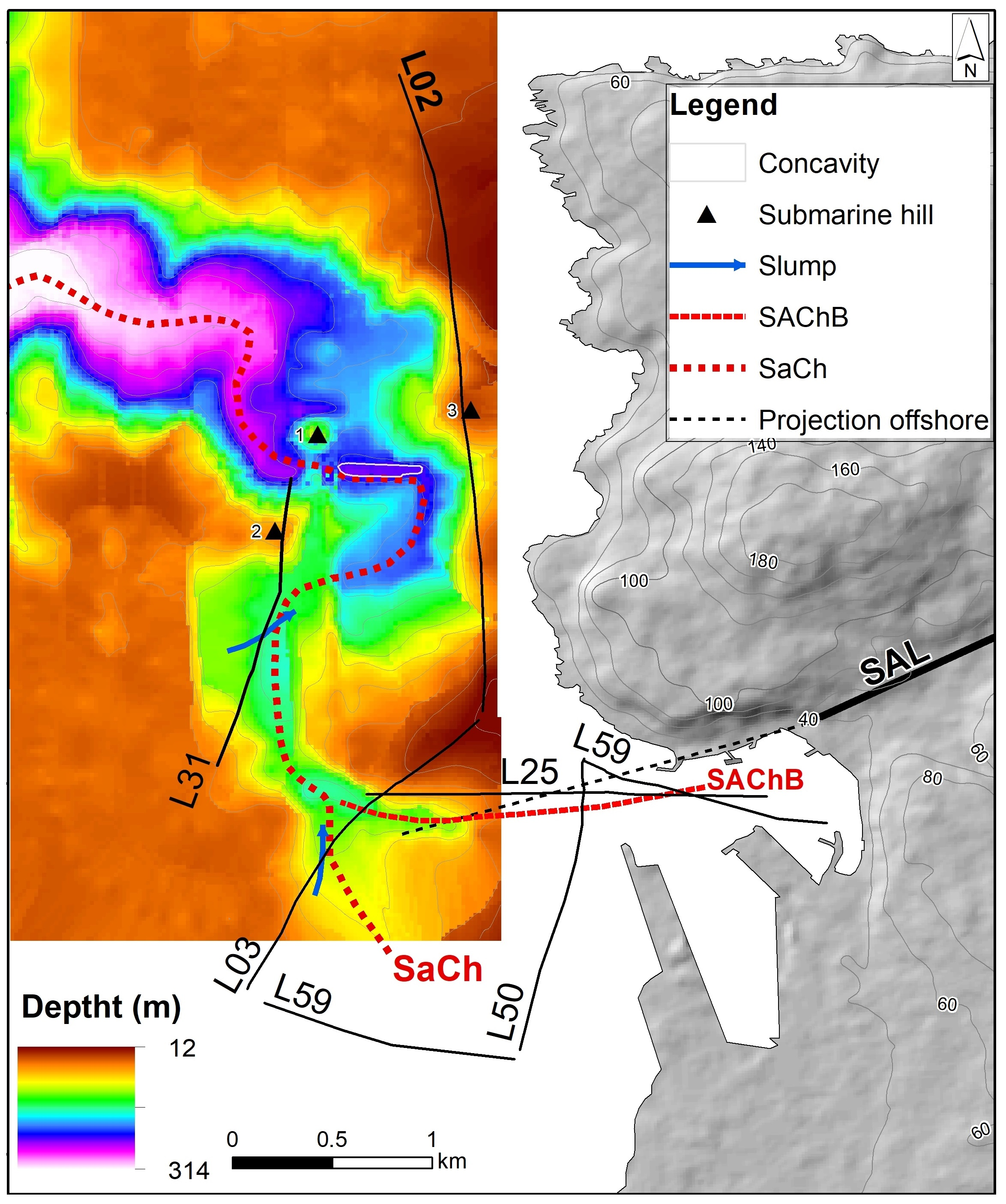 Mapa del área de estudio y perfiles sísmicos CHIRP en la cabecera del Cañón Submarino de San Antonio
