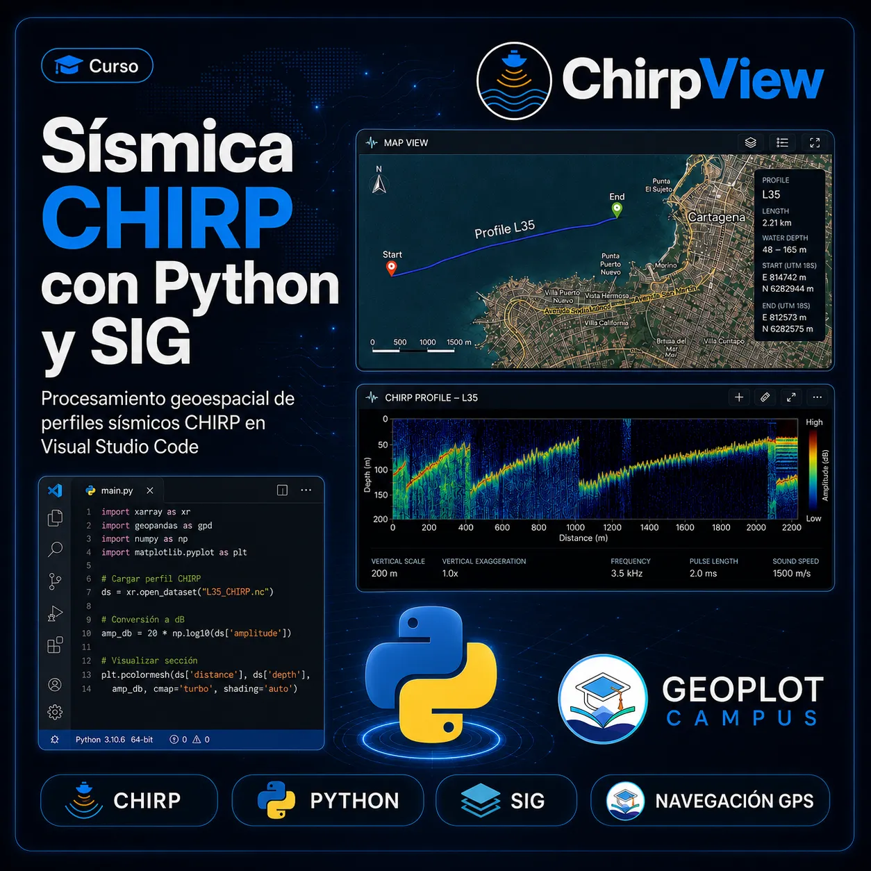 Curso de procesamiento de perfiles sísmicos CHIRP de GEOPLOT Campus