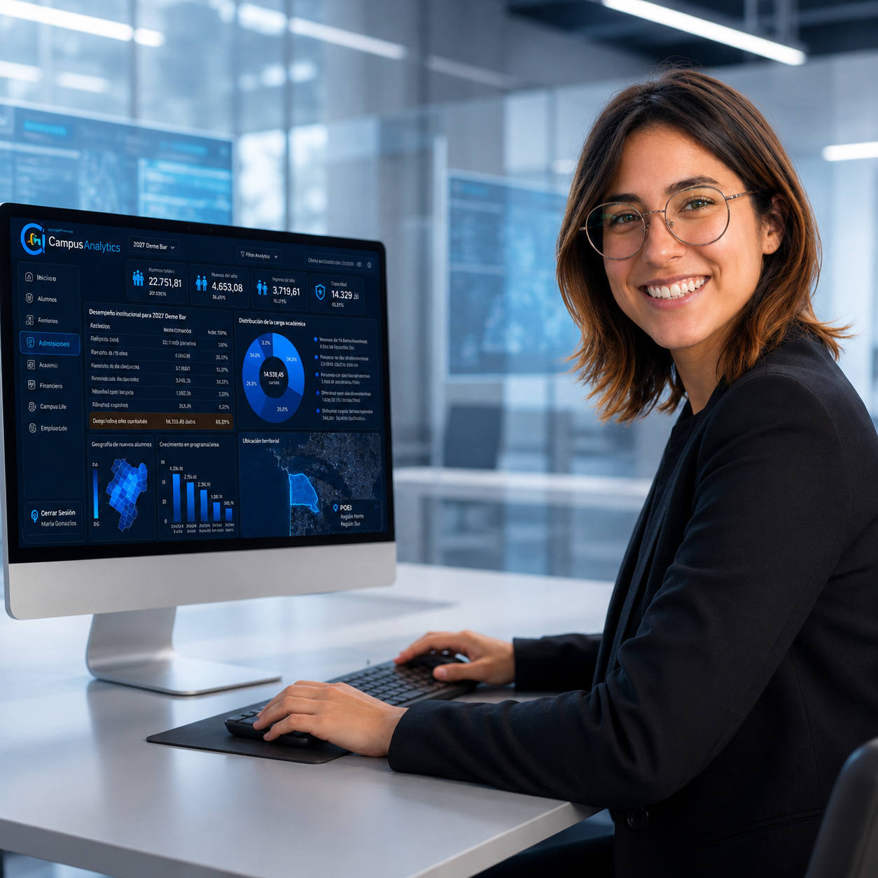 Persona trabajando en un computador con herramientas de análisis geoespacial