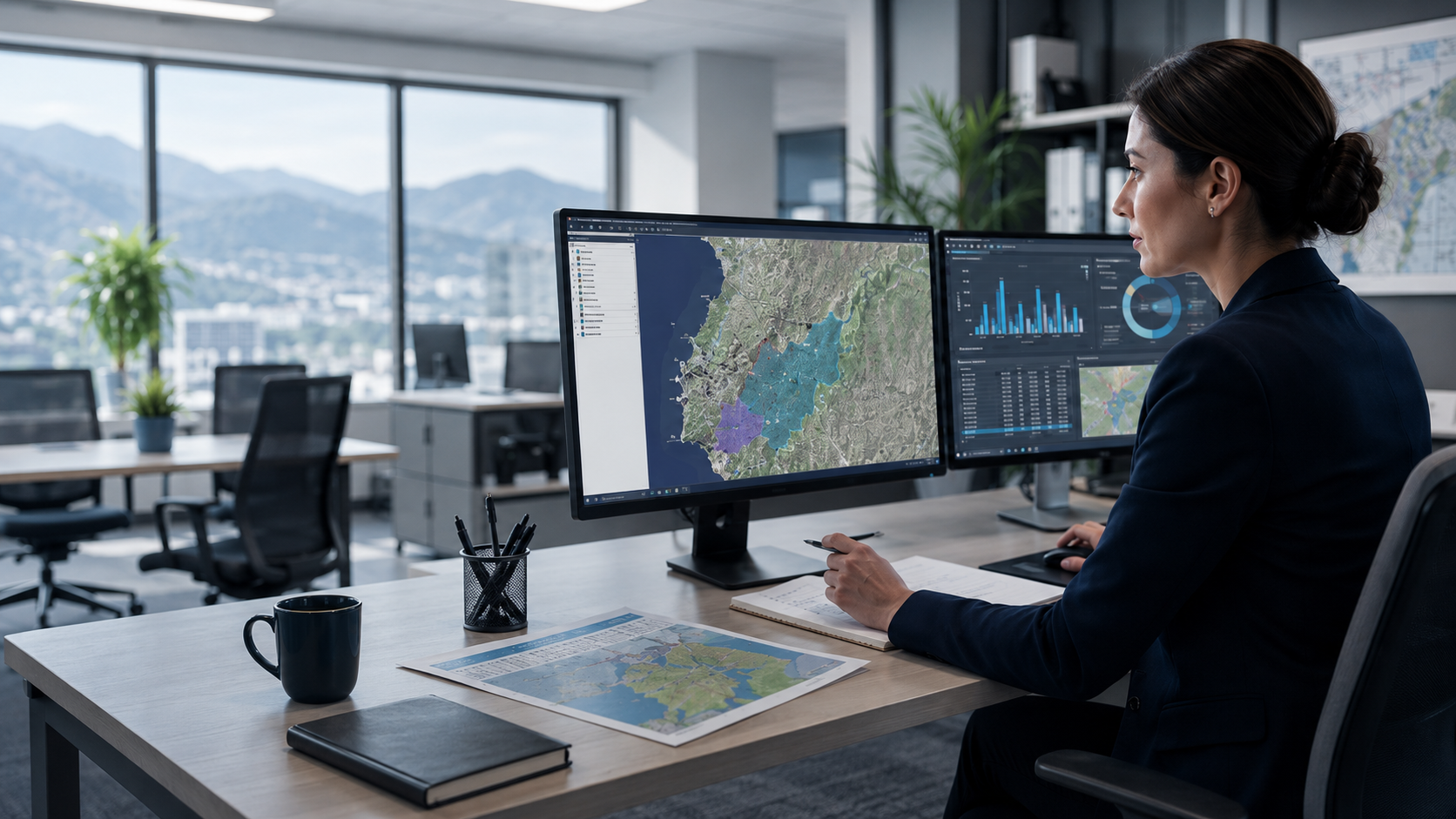 Profesional analizando mapas, datos y soluciones geoespaciales