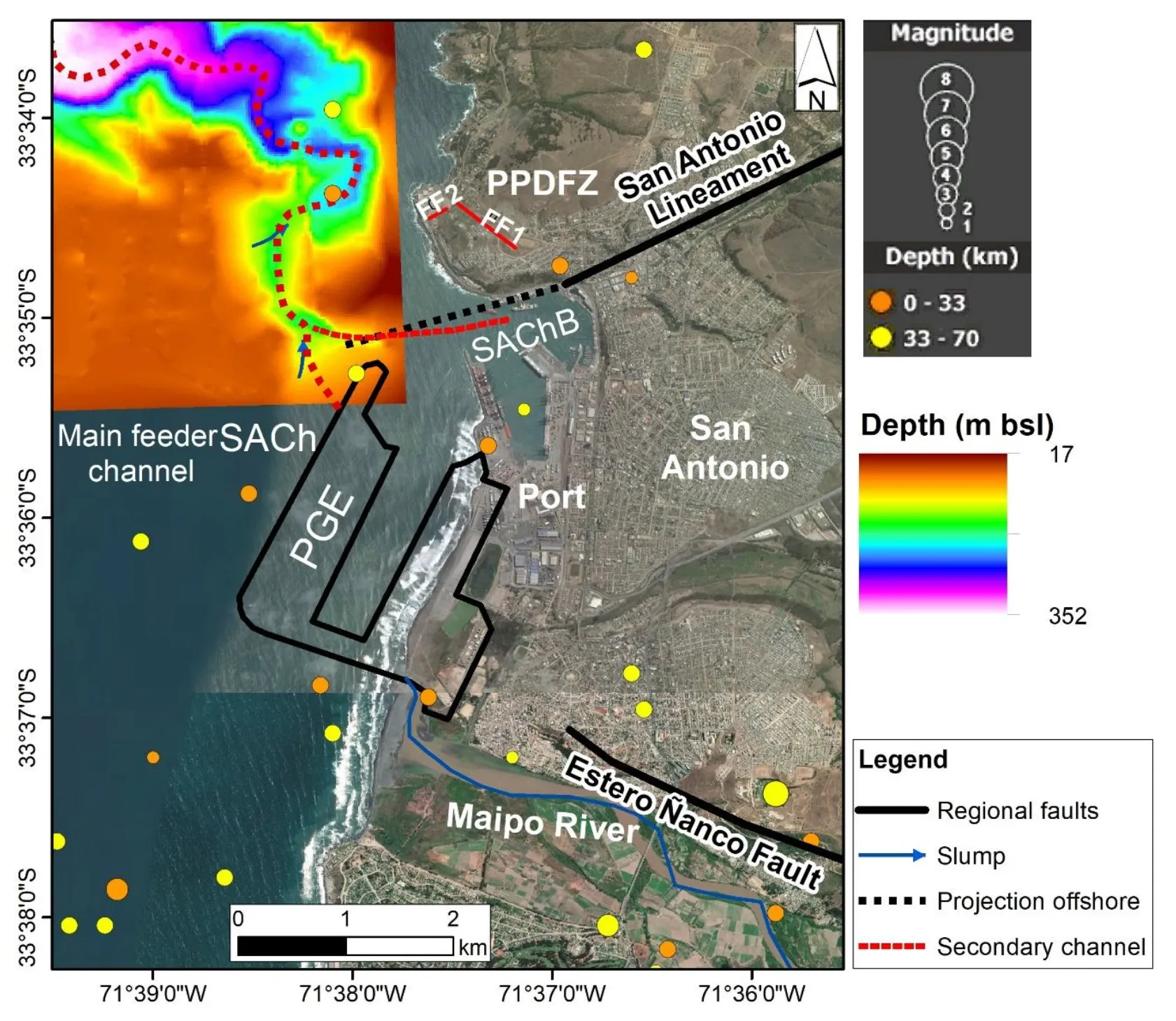 Integración del puerto de San Antonio, batimetría y evidencias reconocidas en perfiles sísmicos