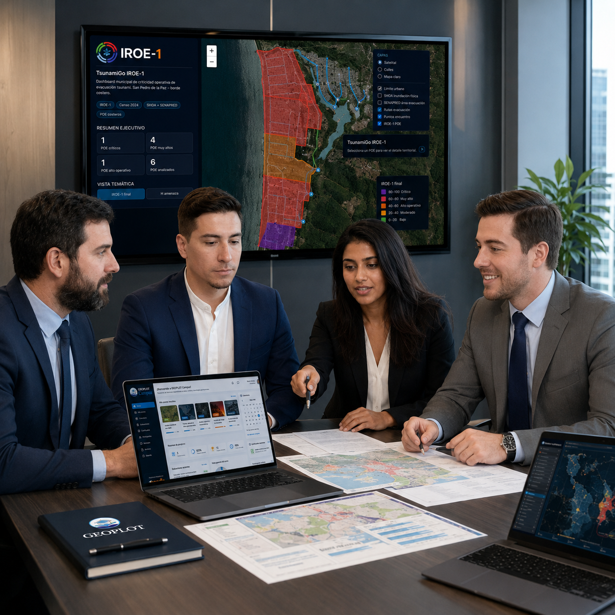 Equipo técnico trabajando con información geoespacial y análisis territorial