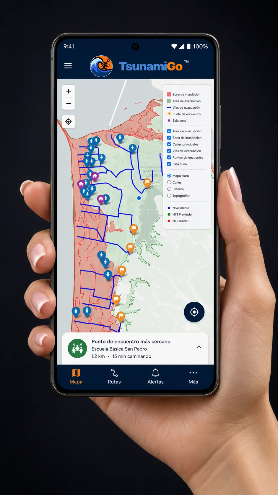 Aplicación móvil TsunamiGo mostrada en un teléfono