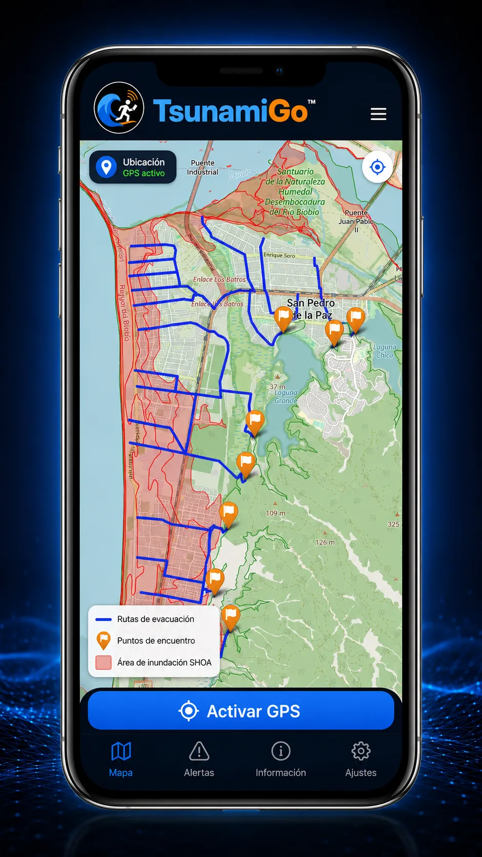 Aplicación móvil TsunamiGo mostrada en un teléfono celular