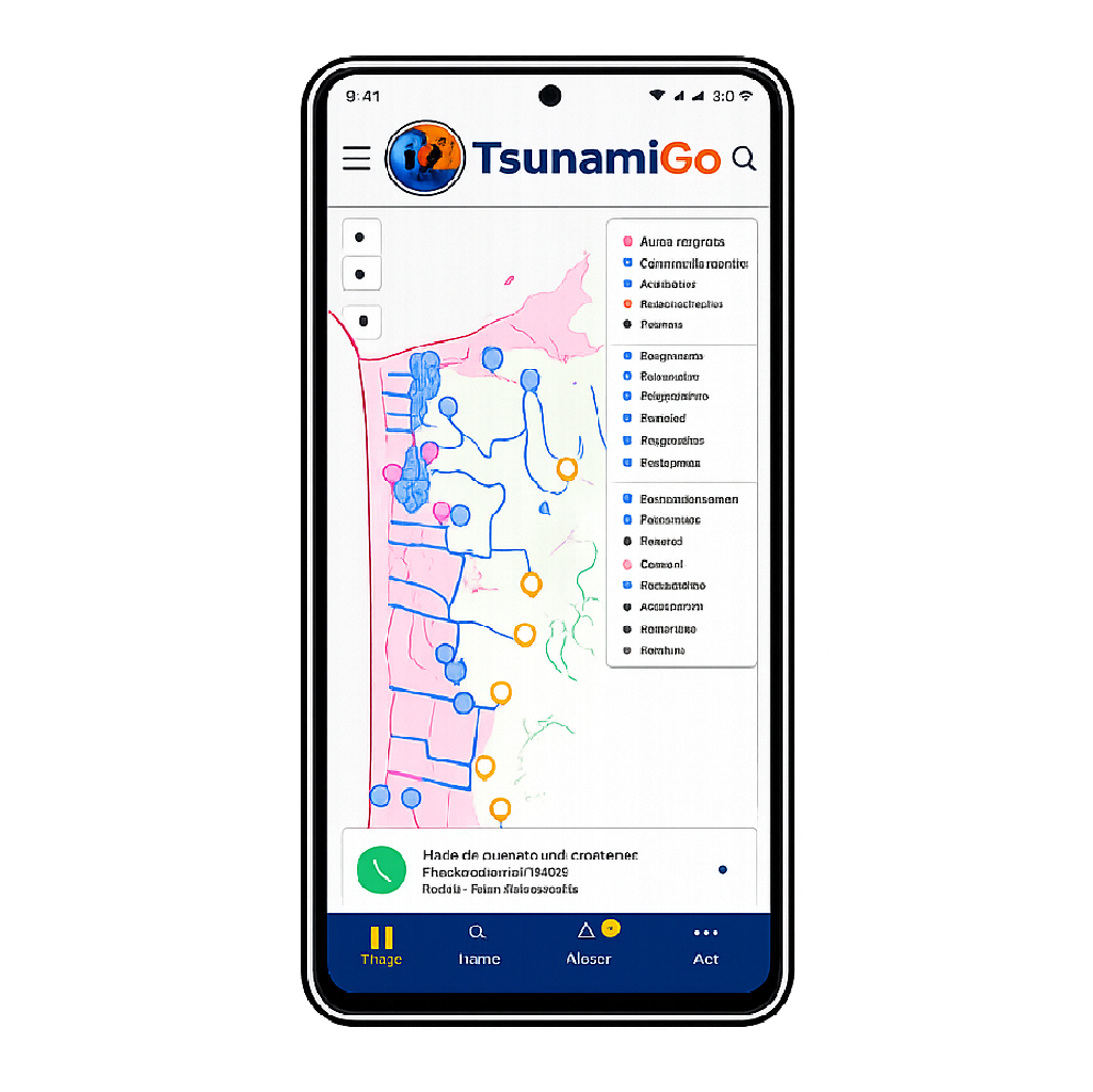 Aplicación TsunamiGo mostrada en un teléfono móvil
